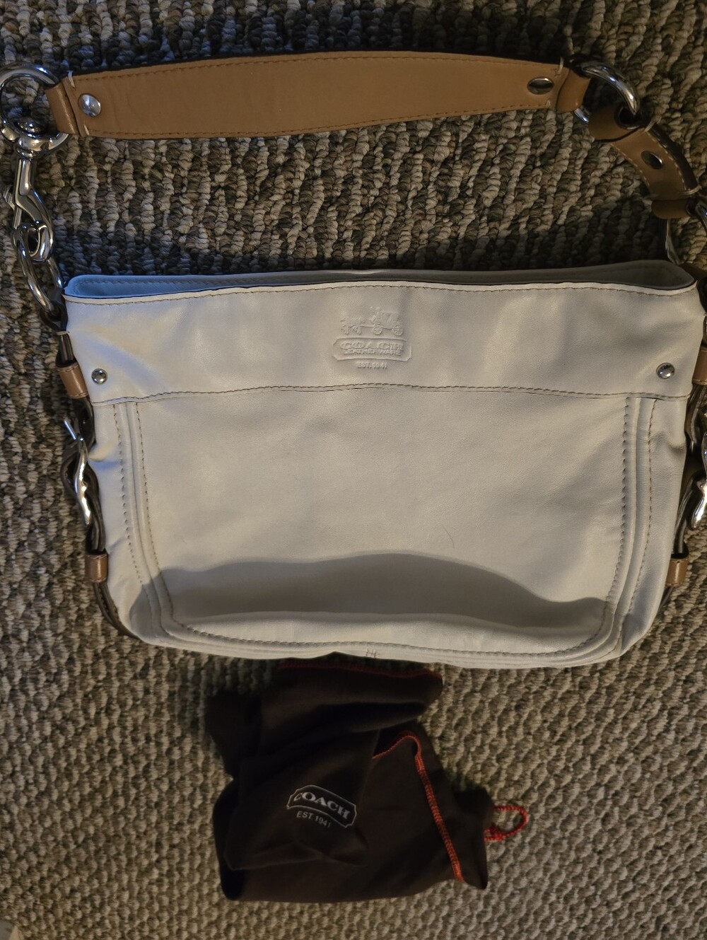 COACH Women White Leather Zoe Camel Buckle Strap Shoulder Satchel Bag